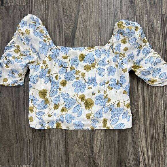 Joie Linen Linen Puff Sleeve Shirred Blue White Floral Blouse Size XL - Picture 1 of 6